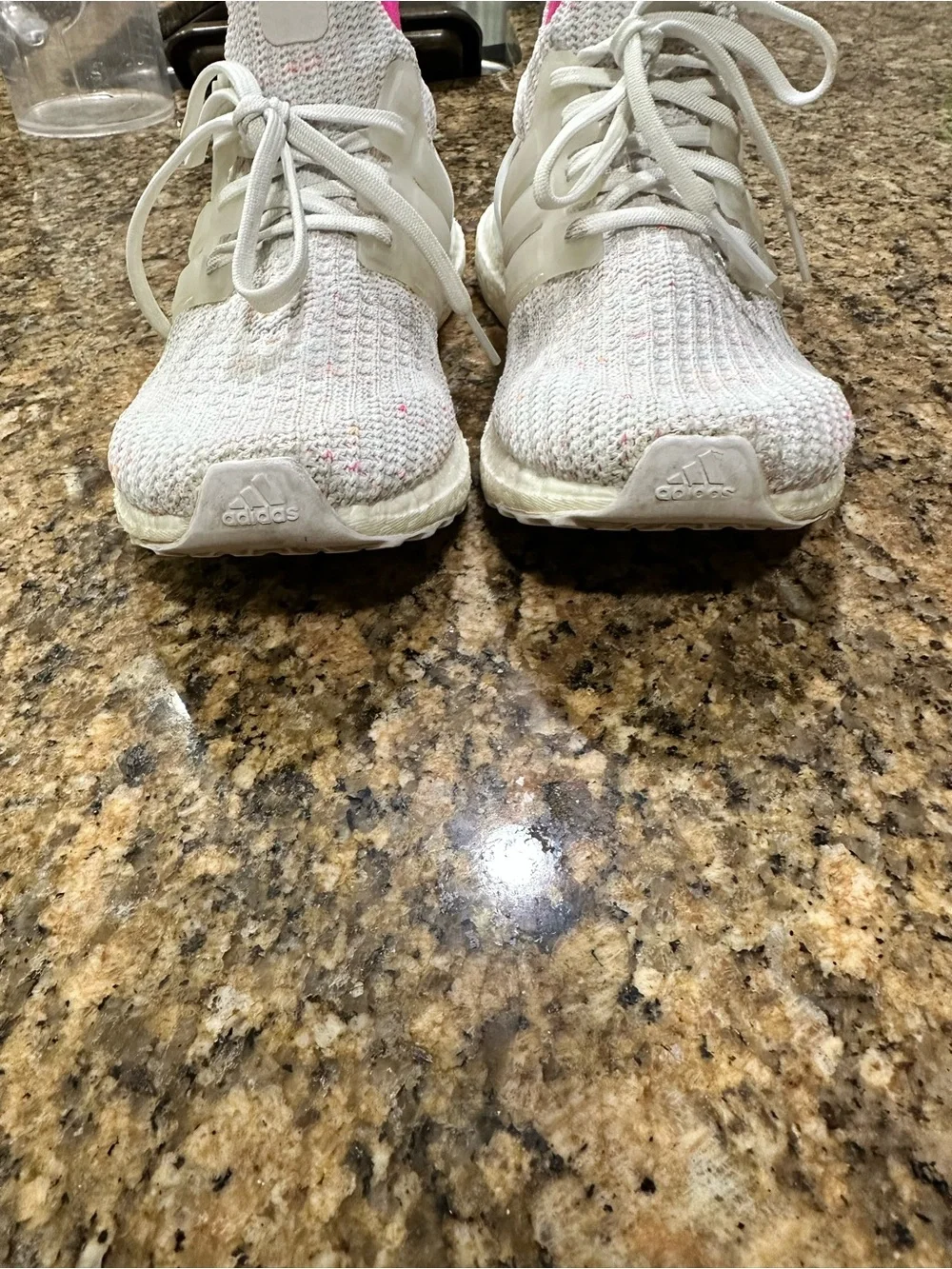 adidas Women’s Knit ultraboost Running Sneakers in White with Pink Lining